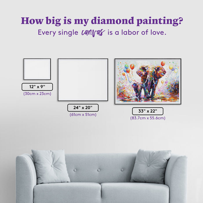 Diamond Painting Elephants Colorful Celebration 33" x 22" (83.7cm x 55.6cm) / Round with 57 Colors including 2 ABs and 4 Fairy Dust Diamonds / 61,408