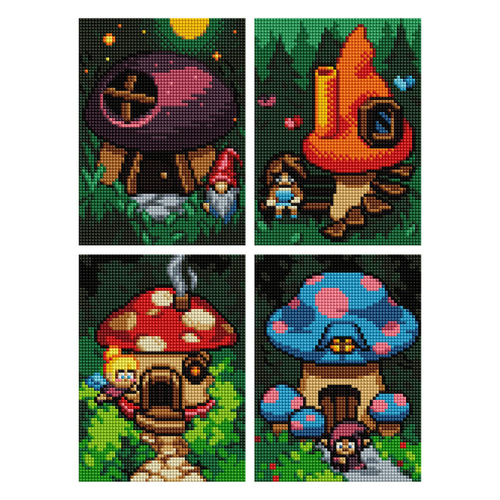 Diamond Painting Enchanted Mushroom Houses - MEGA Dazzles™ 8" x 10" (20.3cm x 25.4cm) / Square With 28 Colors Including 2 ABs and 1 Iridescent Diamond and 25 Fairy Dust Diamonds / 16,500