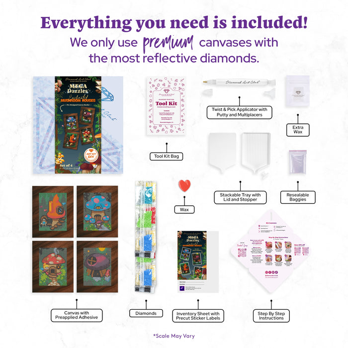 Diamond Painting Enchanted Mushroom Houses - MEGA Dazzles™ 8" x 10" (20.3cm x 25.4cm) / Square With 28 Colors Including 2 ABs and 1 Iridescent Diamond and 25 Fairy Dust Diamonds / 16,500