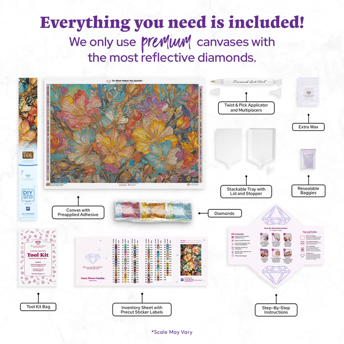 Diamond Painting Fancy Flower Garden 38.6" x 25.6" (97.8cm x 65cm) / Square with 98 Colors including 3 ABs and 3 Fairy Dust Diamonds / 102,573