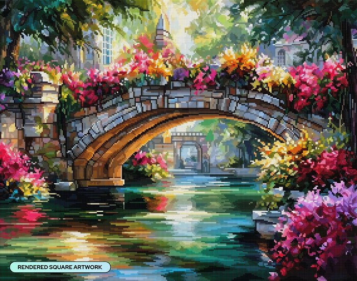 Diamond Painting Floral Creek Bridge 28" x 22" (70.7cm x 55.8cm) / Square with 94 Colors including 5 ABs and 4 Fairy Dust Diamonds / 63,616