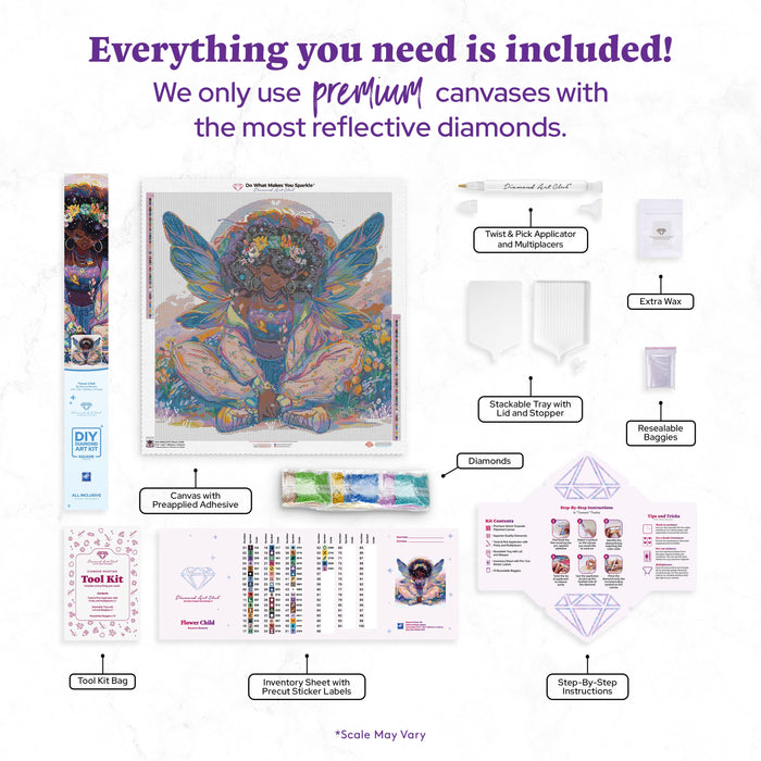 Diamond Painting Flower Child 27.6" x 28.7" (69.9cm x 72.9cm) / Square with 56 Colors including 3 ABs and 6 Fairy Dust Diamonds / 82,333