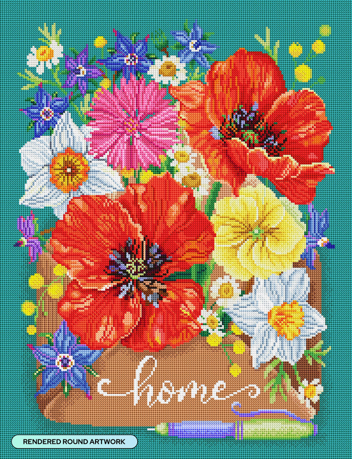 Diamond Painting Flowers-Home 20" x 26" (50.6cm x 66cm) / Round with 69 Colors including 2 ABs and 1 Iridescent Diamond and 5 Fairy Dust Diamonds / 44,160