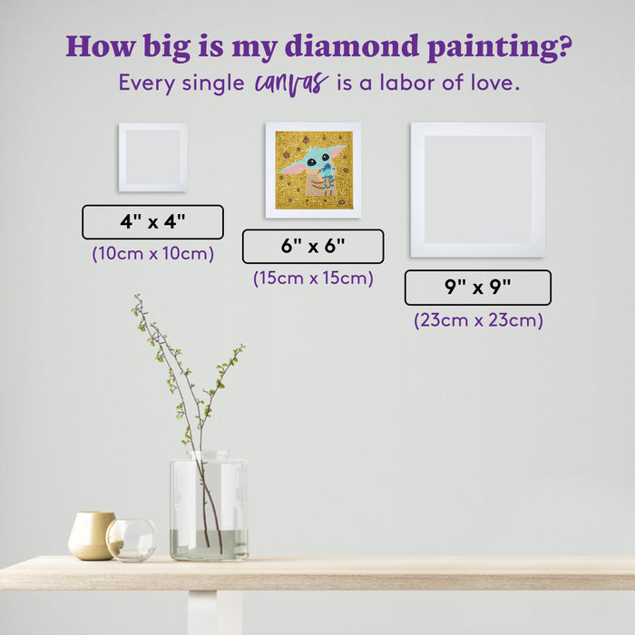 Diamond Painting Frameables™ - Grogu™ Galactic Hug 6" x 6" (15cm x 15cm) / Round with 12 Colors including 4 Iridescent Diamonds / 2,439