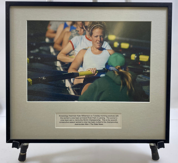 Framed Collegiate Women's Rowing Practice Newspaper Photo & Caption Display – Black Frame