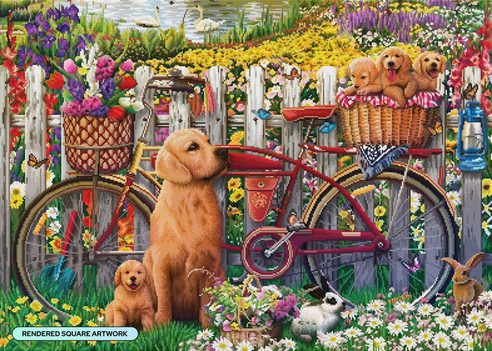 Diamond Painting Garden Dogs and Bike 38.6" x 27.6" (97.8cm x 69.9cm) / Square with 67 Colors including 5 ABs and 6 Fairy Dust Diamonds / 110,433