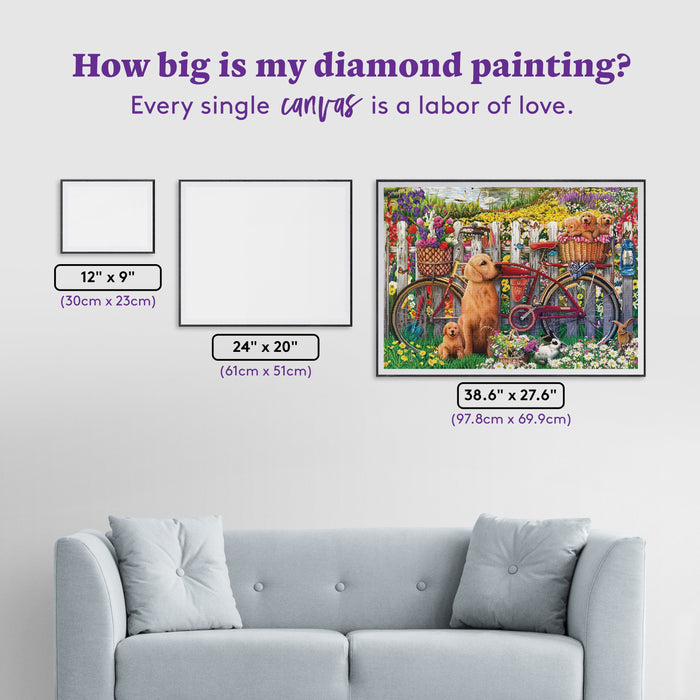Diamond Painting Garden Dogs and Bike 38.6" x 27.6" (97.8cm x 69.9cm) / Square with 67 Colors including 5 ABs and 6 Fairy Dust Diamonds / 110,433