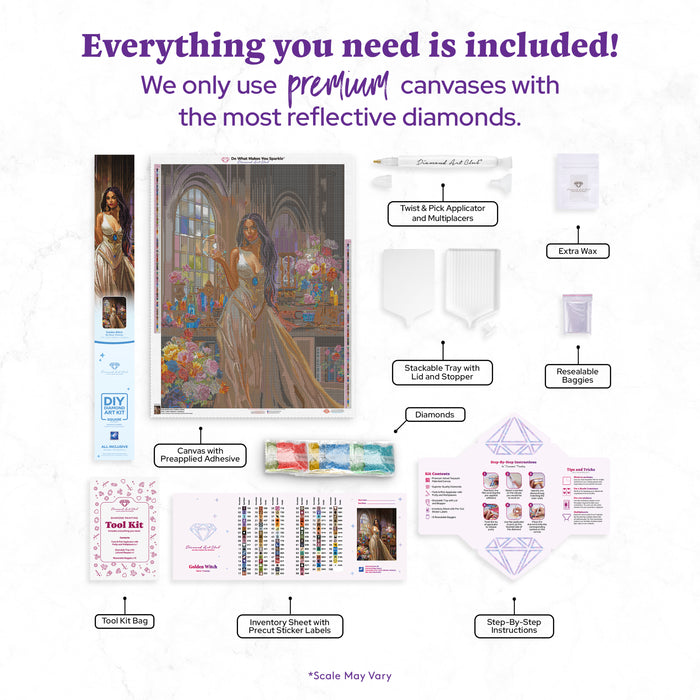 Diamond Painting Golden Witch 27.6" x 36.6" (69.9cm x 92.8cm) / Square with 99 Colors including 5 ABs and 1 Iridescent Diamond and 3 Fairy Dust Diamonds / 104,813