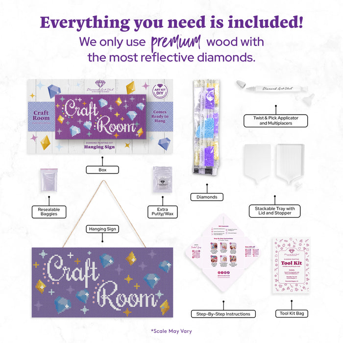 Diamond Painting Hanging Sign - Craft Room 6" x 12" (14.7cm x 29.7cm) / Square 14 Colors Including 1 AB and 1 Iridescent Diamond and 3 Special Diamonds and 3 Fairy Dust Diamonds / 7,021
