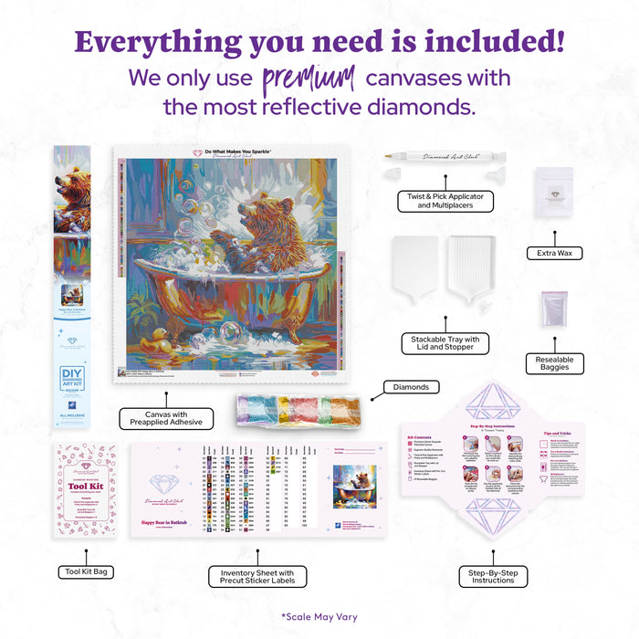 Diamond Painting Happy Bear in Bathtub 25.6" x 25.6" (65cm x 65cm) / Square with 55 Colors including 2 ABs and 3 Fairy Dust Diamonds / 68,121