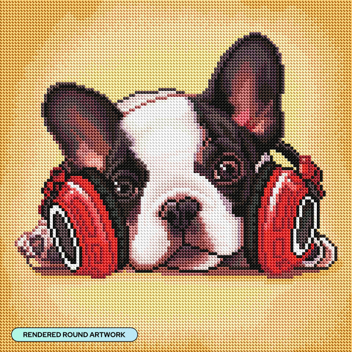 Diamond Painting Headphone Frenchie 13" x 13" (33cm x 33cm) / Round with 35 Colors including 1 AB and 2 Fairy Dust Diamonds / 14,400