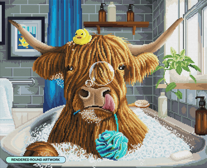 Diamond Painting Highland Cow Bubble Bath 27" x 22" (68.8cm x 55.6cm) / Round With 58 Colors Including 2 ABs and 4 Fairy Dust Diamonds / 50,500