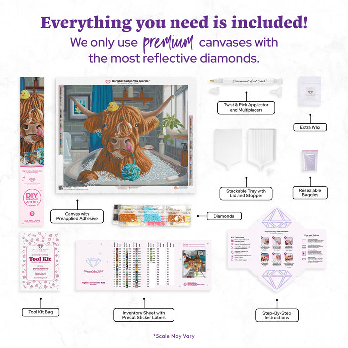 Diamond Painting Highland Cow Bubble Bath 27" x 22" (68.8cm x 55.6cm) / Round With 58 Colors Including 2 ABs and 4 Fairy Dust Diamonds / 50,500