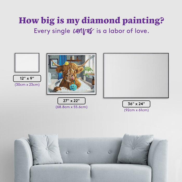 Diamond Painting Highland Cow Bubble Bath 27" x 22" (68.8cm x 55.6cm) / Round With 58 Colors Including 2 ABs and 4 Fairy Dust Diamonds / 50,500