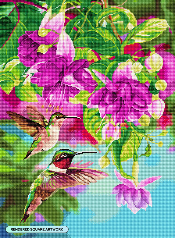 Diamond Painting Hummingbird & Fuchsia 22" x 30" (55.8cm x 75.9cm) / Square with 78 Colors including 2 ABs and 3 Fairy Dust Diamonds / 68,320