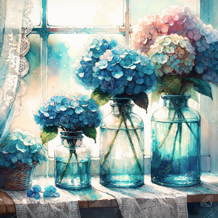 Hydrangeas in Blue Bottles