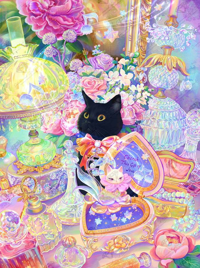 Diamond Painting In the Corner of the Cat Music Box 25.6" x 34.3" (65cm x 86.9cm) / Square With 90 Colors Including 4 ABs and 1 Iridescent Diamond and 5 Fairy Dust Diamonds / 91,089