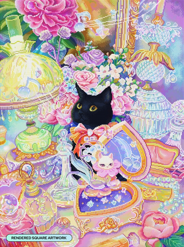 Diamond Painting In the Corner of the Cat Music Box 25.6" x 34.3" (65cm x 86.9cm) / Square With 90 Colors Including 4 ABs and 1 Iridescent Diamond and 5 Fairy Dust Diamonds / 91,089