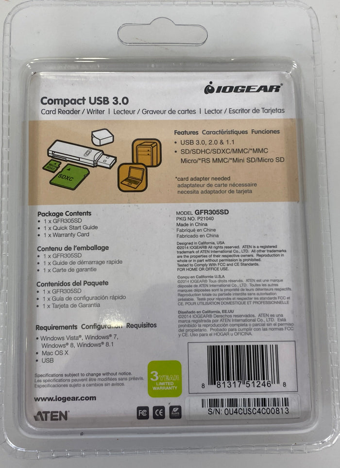 IOGear GFR305SD Compact USB 3.0 Card Reader/Writer *New*