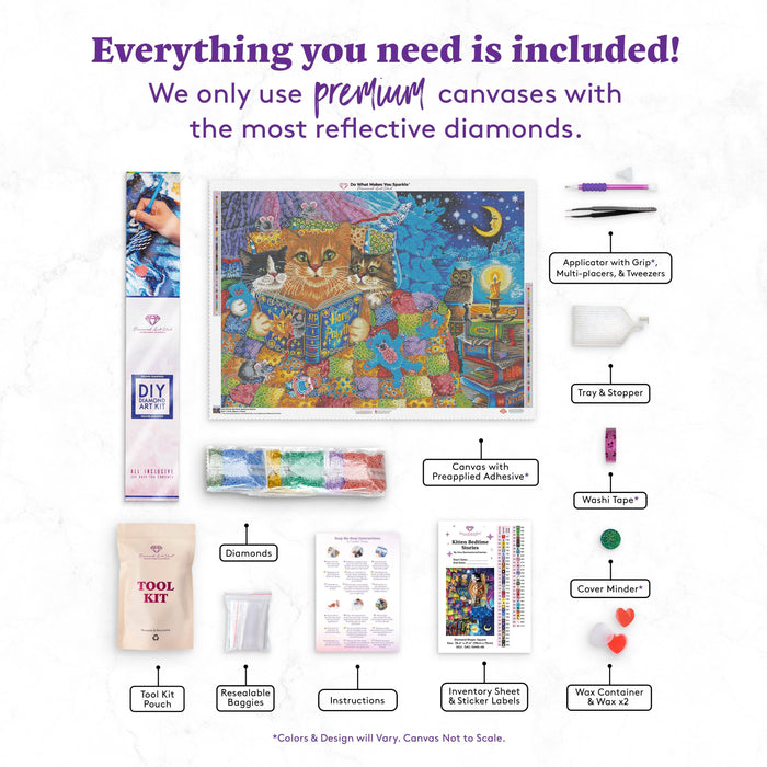 Diamond Painting Kitten Bedtime Stories 38.6" x 27.6" (98cm x 70cm) / Square with 61 Colors including 4 ABs and 1 Iridescent Diamonds / 110,433