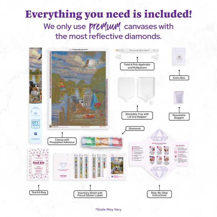 Diamond Painting Lake Dogs 27.5" x 37.7" (69.9cm x 95.8cm) / Square with 93 Colors including 3 ABs and 2 Fairy Dust Diamonds / 108,185