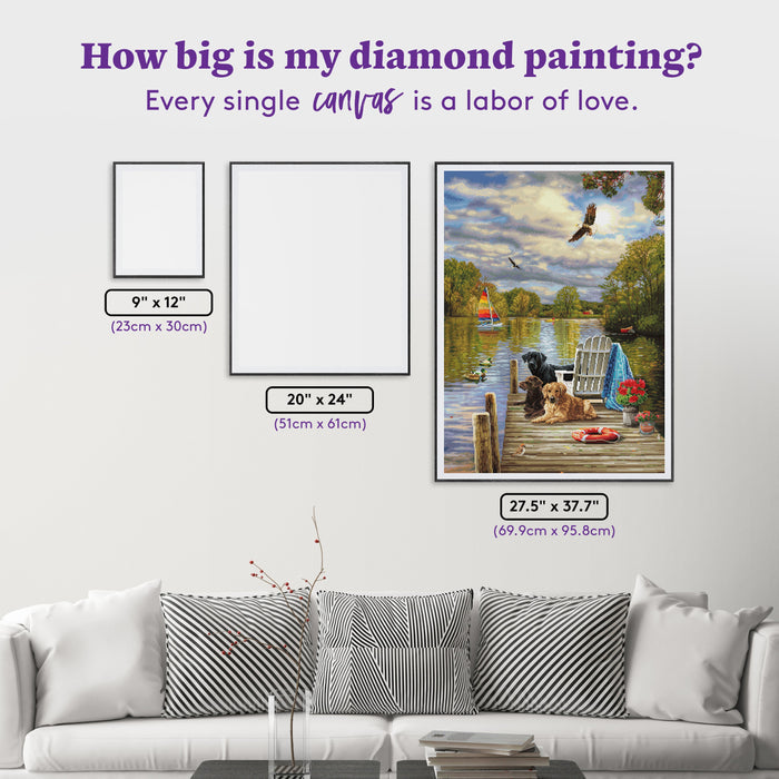 Diamond Painting Lake Dogs 27.5" x 37.7" (69.9cm x 95.8cm) / Square with 93 Colors including 3 ABs and 2 Fairy Dust Diamonds / 108,185