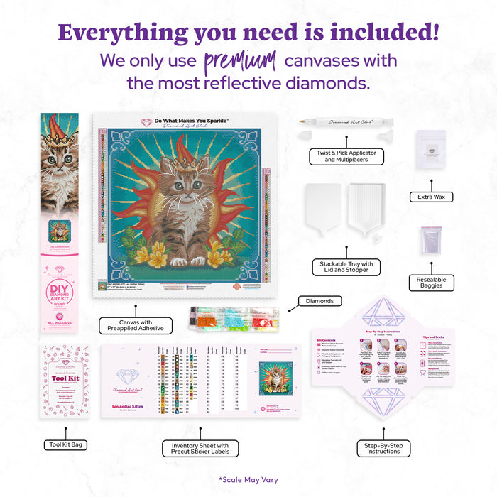 Diamond Painting Leo Zodiac Kitten 17" x 17" (42.6cm x 42.6cm) / Round with 47 Colors including 3 ABs and 1 Iridescent Diamond and 4 Fairy Dust Diamonds / 24,025