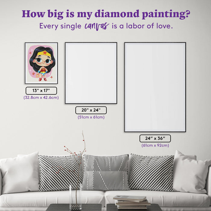 Diamond Painting Little But Mighty - Wonder Woman™-AMZ 13" x 17" (32.8cm x 42.6cm) / Round With 29 Colors Including 3 ABs and 1 Iridescent Diamonds / 17,784