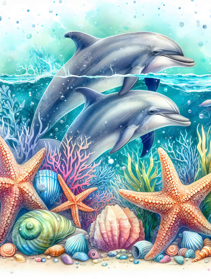 Diamond Painting Majestic Dolphins 22" x 29" (55.8cm x 73.7cm) / Square with 89 Colors including 2 ABs and 5 Fairy Dust Diamonds / 66,304