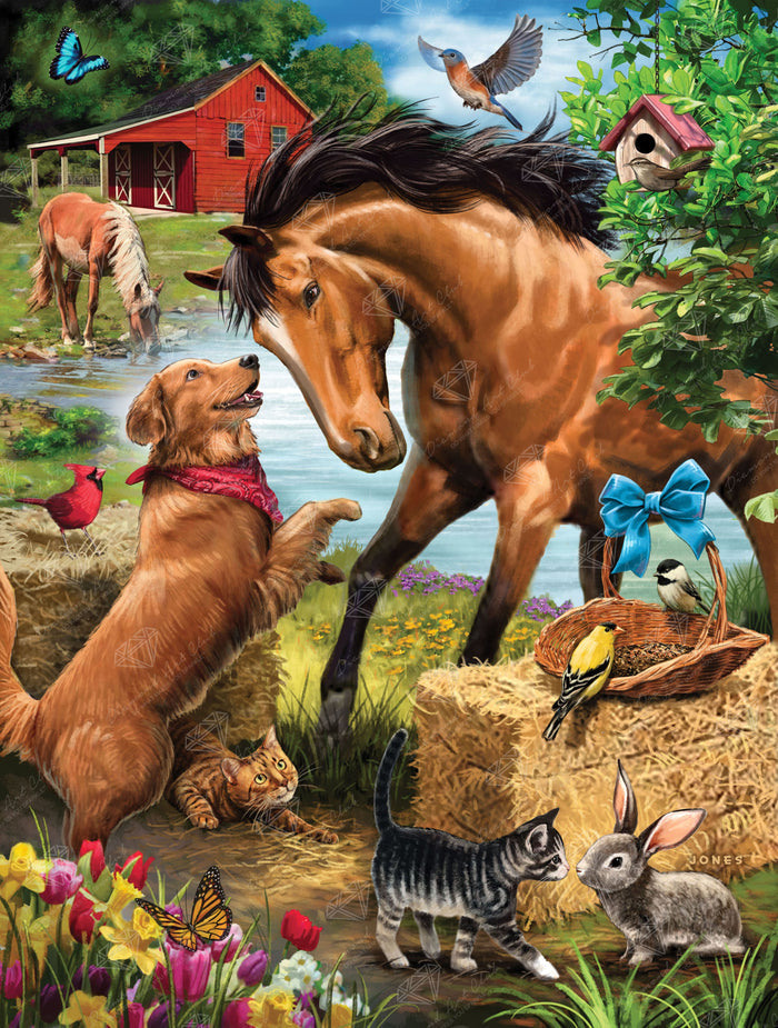 Diamond Painting Making Some Friends on the Farm 25.6" x 33.9" (65cm x 85.9cm) / Square with 58 Colors including 3 ABs and 7 Fairy Dust Diamonds / 90,045