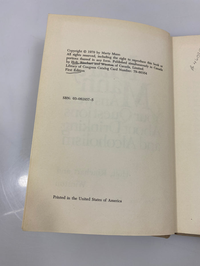 Marty Mann Answers Your Questions about Drinking & Alcoholism Ex-libra 1970 HC