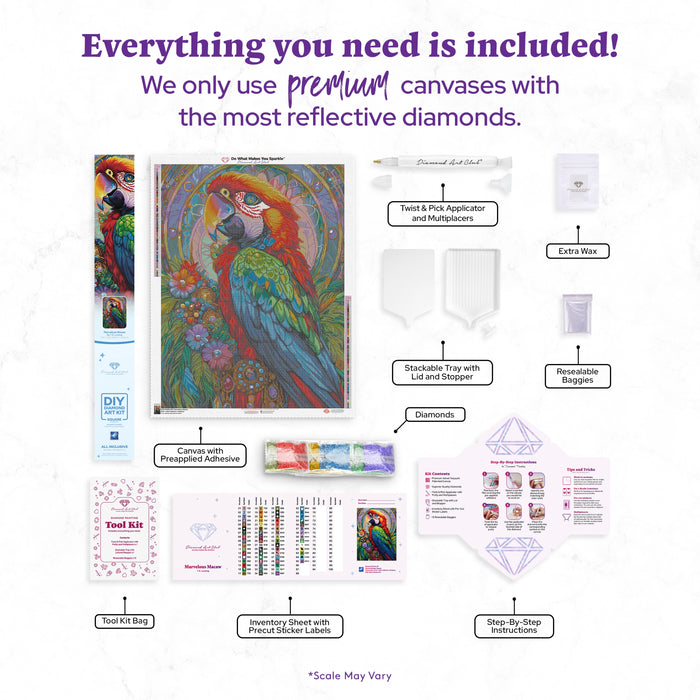 Diamond Painting Marvelous Macaw 27.6" x 36.6" (69.9cm x 92.8cm) / Square With 65 Colors Including 3 ABs and 4 Fairy Dust Diamonds / 104,813