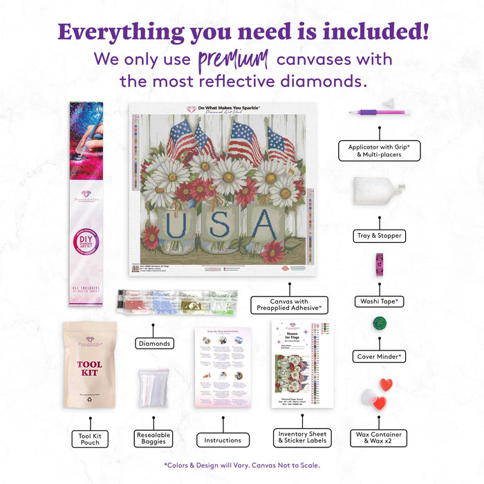 Diamond Painting Mason Jar Flags 22" x 20" (56cm x 51cm) / Round with 37 Colors including 3 ABs / 36,019