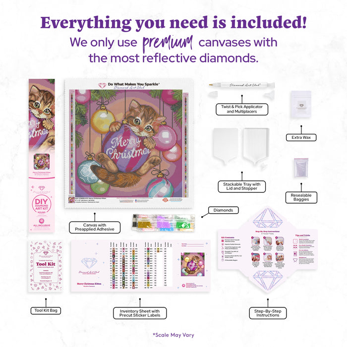 Diamond Painting Merry Christmas Kitten 17" x 17" (42.7cm x 42.7cm) / Round with 70 Colors including 3 ABs and 1 Electro Diamond and 1 Iridescent Diamond and 2 Fairy Dust Diamonds / 24,025