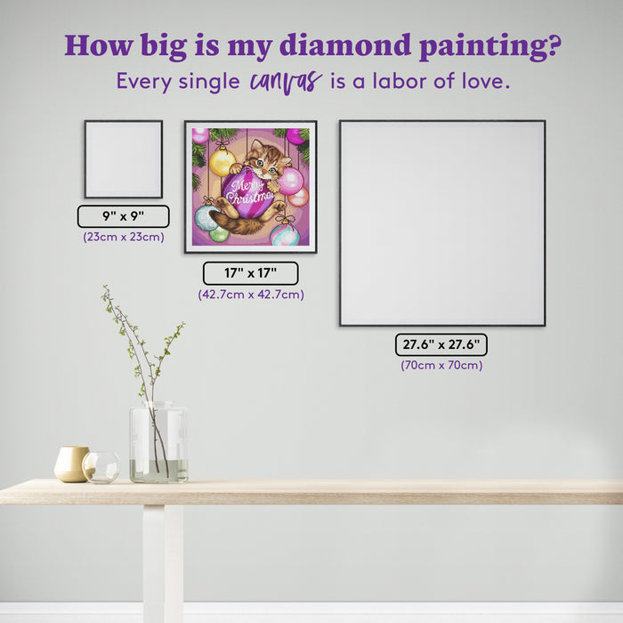 Diamond Painting Merry Christmas Kitten 17" x 17" (42.7cm x 42.7cm) / Round with 70 Colors including 3 ABs and 1 Electro Diamond and 1 Iridescent Diamond and 2 Fairy Dust Diamonds / 24,025