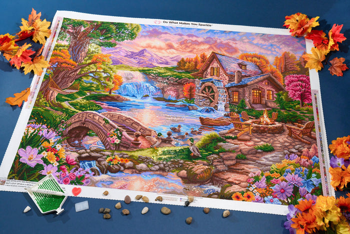 Diamond Painting Mill Pond Sanctuary 38.5" x 27.6" (97.8cm x 69.9cm) / Square with 67 Colors including 5 ABs and 2 Fairy Dust Diamonds / 110,433