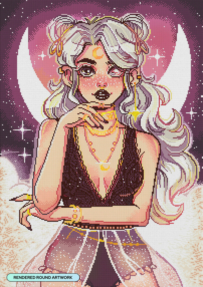 Diamond Painting Moon Girl 22" x 31" (55.6cm x 78.7cm) / Round With 46 Colors Including 1 AB and 1 Iridescent Diamond and 1 Frosted Diamond and 2 Fairy Dust Diamonds / 57,772