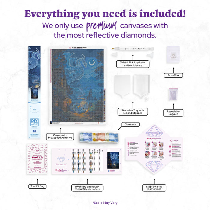 Diamond Painting Moonlight Dragon 27.6" x 39" (69.9cm x 98.8cm) / Square with 69 Colors including 2 ABs and 1 Iridescent Diamond and 4 Fairy Dust Diamonds / 111,557