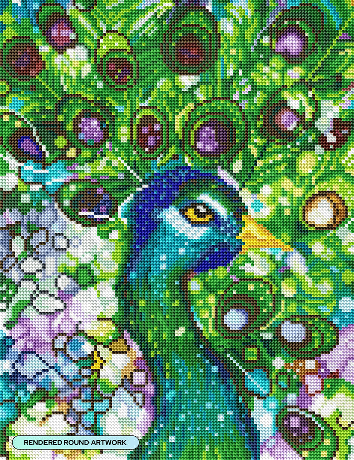 Diamond Painting Mr. Peacock 13" x 17" (32.8cm x 42.6cm) / Round with 47 Colors including 3 ABs including 1 Fairy Dust Diamonds / 17,784