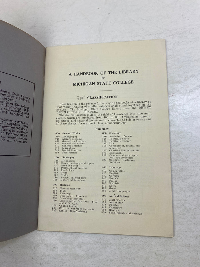 MSU Michigan State College Library Handbook SC 1930