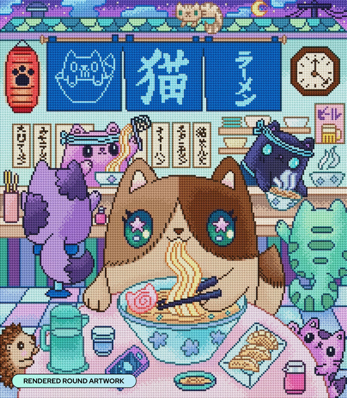 Diamond Painting Neko Ramen 22" x 25" (55.6cm x 63.8cm) / Round with 69 Colors including 1 AB and 1 Iridescent Diamond and 4 Fairy Dust Diamonds / 46,864