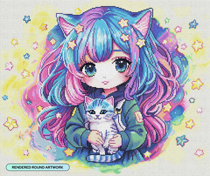 Diamond Painting Neon Neko 26" x 22" (66cm x 55.6cm) / Round with 48 Colors including 3 ABs and 4 Fairy Dust Diamonds / 48,480