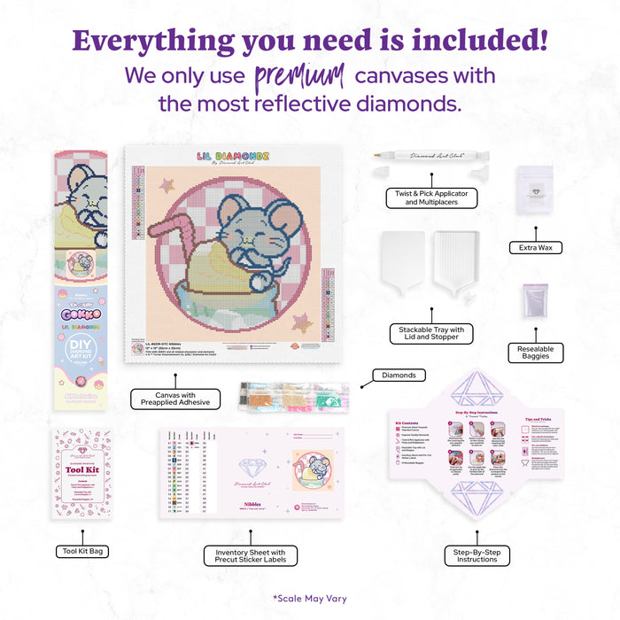 Diamond Painting Nibbles 13" x 13" (33cm x 33cm) / Round With 19 Colors Including 1 AB and 3 Fairy Dust Diamonds / 9,287