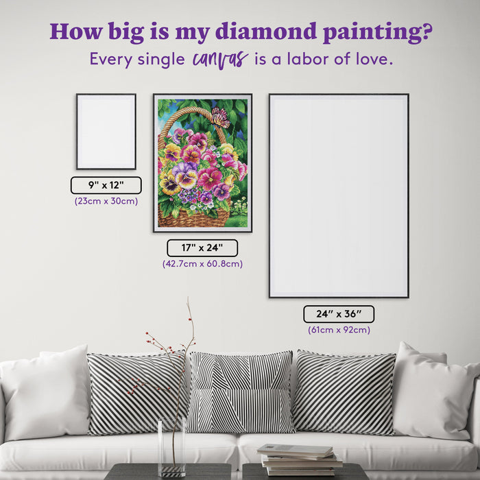 Diamond Painting Pansy Basket 17" x 24" (42.7cm x 60.8cm) / Round with 61 Colors including 3 ABs and 3 Fairy Dust Diamonds / 34,255