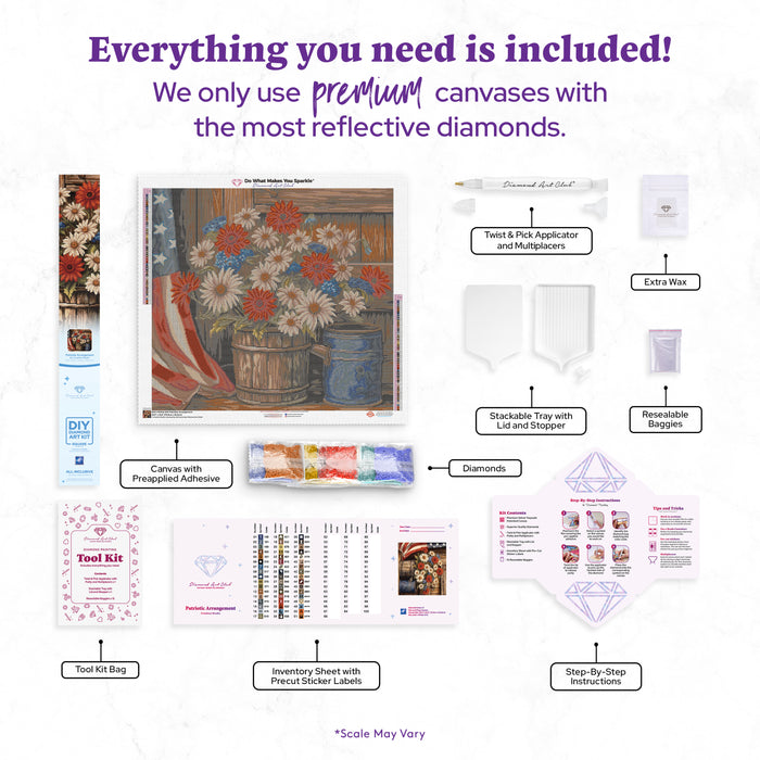 Diamond Painting Patriotic Arrangement 28" x 25.6" (70.9cm x 65cm) / Square with 51 Colors including 3 ABs and 2 Fairy Dust Diamonds / 74,385