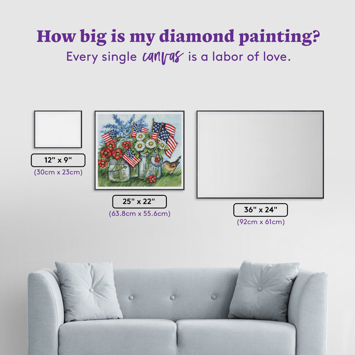 Diamond Painting Patriotic Jars with Flowers and Flags 25" x 22" (63.8cm x 55.6cm) / Round with 63 Colors including 1 AB and 4 Fairy Dust Diamonds / 46,864