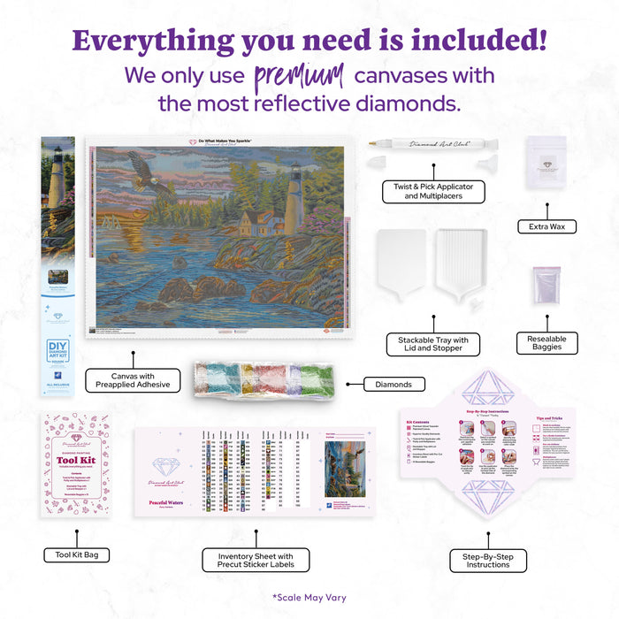 Diamond Painting Peaceful Waters 37.8" x 27.6" (95.8cm x 69.9cm) / Square with 65 Colors including 2 ABs and 5 Fairy Dust Diamonds / 108,185