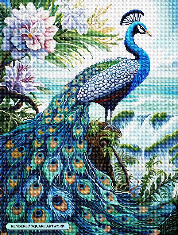 Diamond Painting Peacock in Blue 22" x 29" (55.8cm x 73.7cm) / Square with 73 Colors including 3 ABs and 1 Fairy Dust Diamond / 66,304