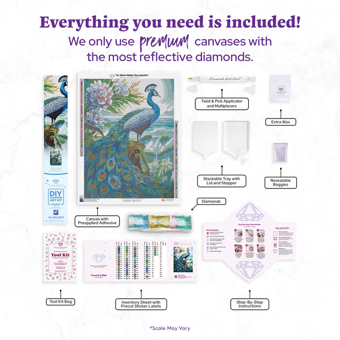 Diamond Painting Peacock in Blue 22" x 29" (55.8cm x 73.7cm) / Square with 73 Colors including 3 ABs and 1 Fairy Dust Diamond / 66,304