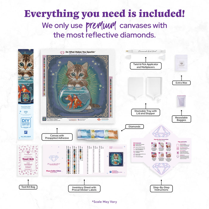 Diamond Painting Pisces Zodiac Kitten 17" x 17" (42.8cm x 42.8cm) / Square with 42 Colors including 1 AB and 1 Iridescent Diamond and 1 Frosted Diamond and 3 Fairy Dust Diamonds / 29,584